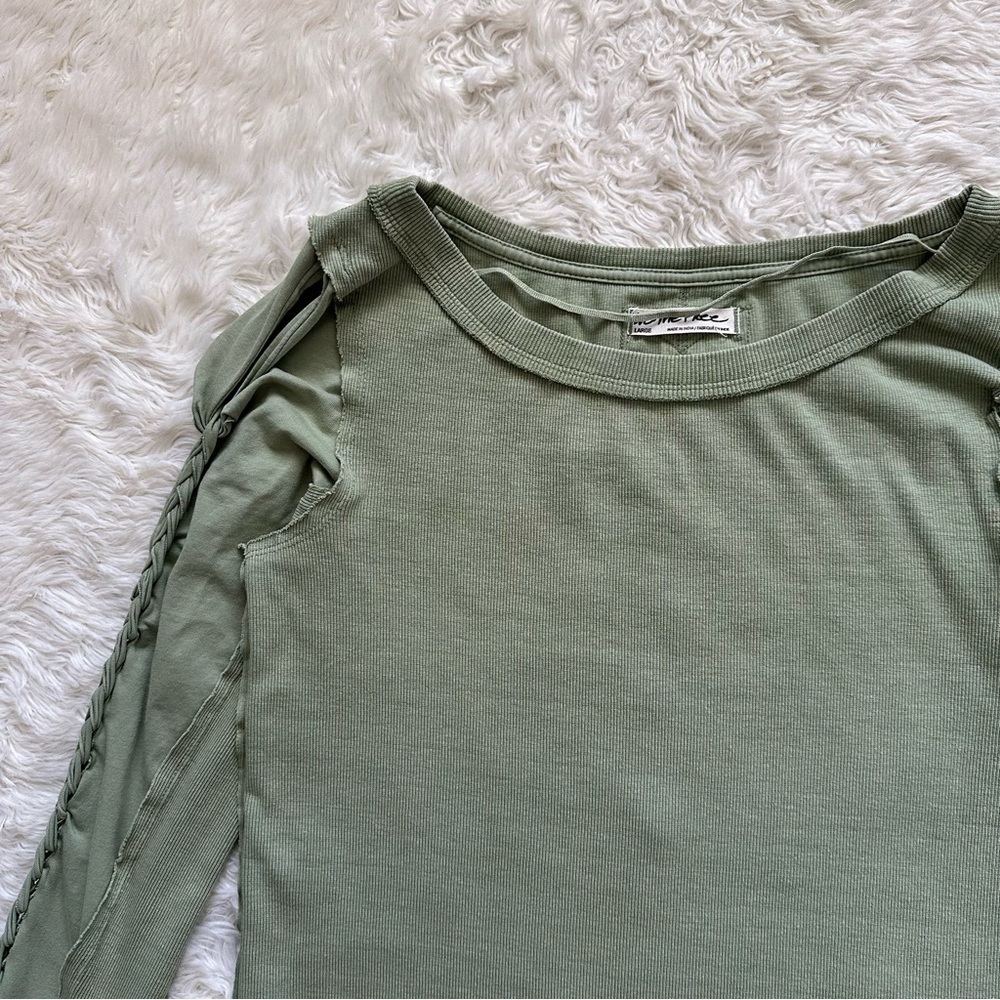 Free People We The Free Top Daisy Chain Cuff Long Sleeve Tee Green Tea Leaves L - Picture 7 of 14